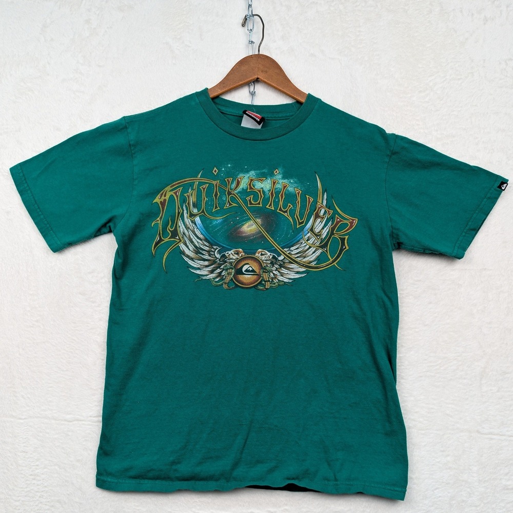 VTG Quiksilver T-Shirt Mens XS Teal Green Galaxy Wings Skate Surf Streetwear Y2K